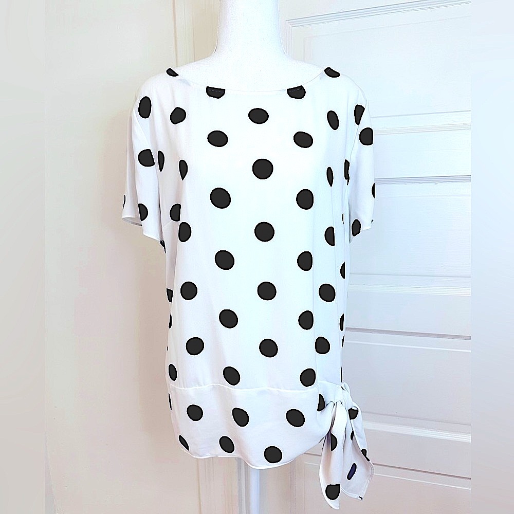 Ann Taylor Black White Polka Dot Short Sleeve Tunic Blouse Hip Tie, Size Large